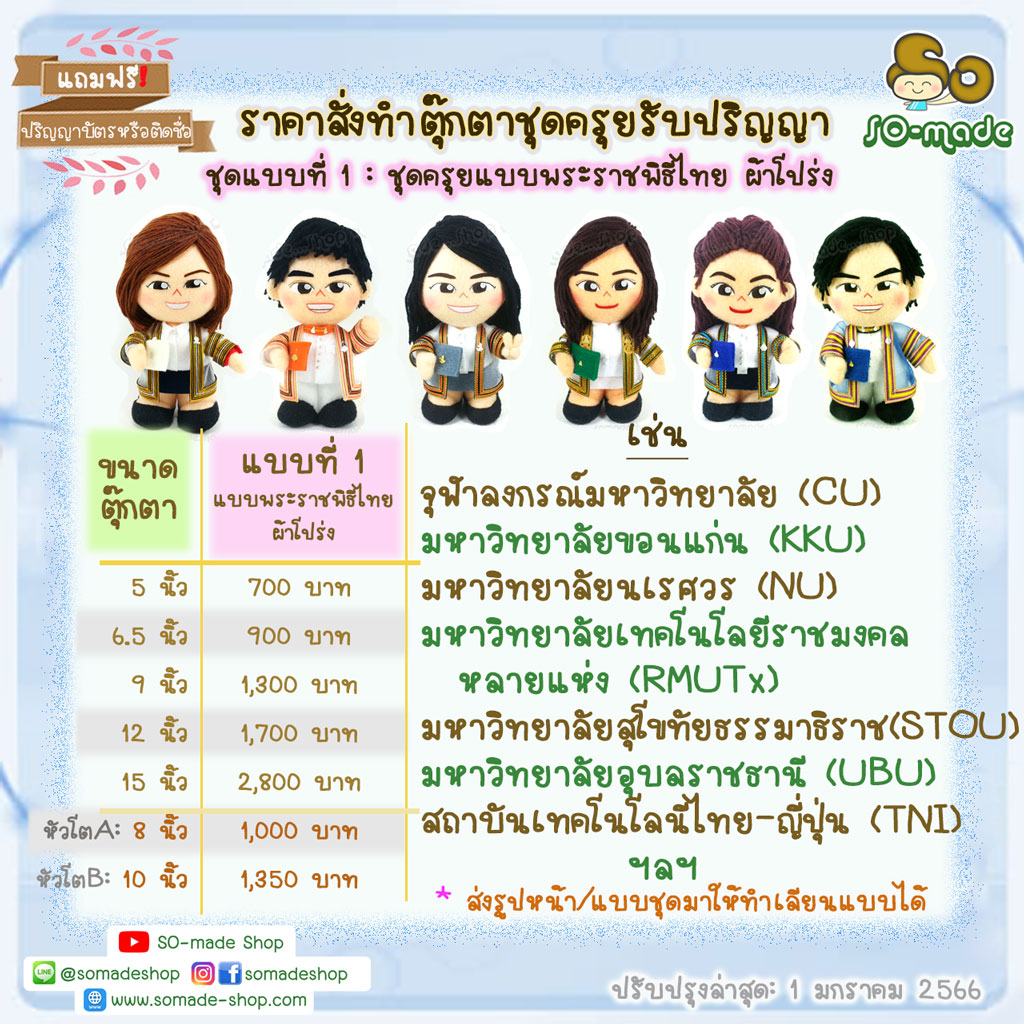 ราคาตุ๊กตารับปริญญา ชุดครุยแบบที่ 1 (ตามแบบพระราชพิธีไทย ผ้าโปร่ง)